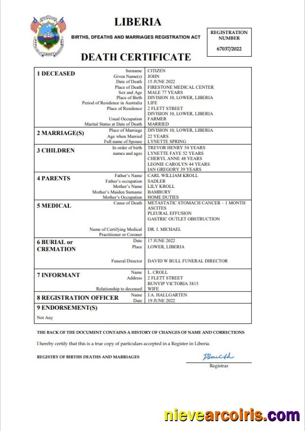 Liberia death certificate